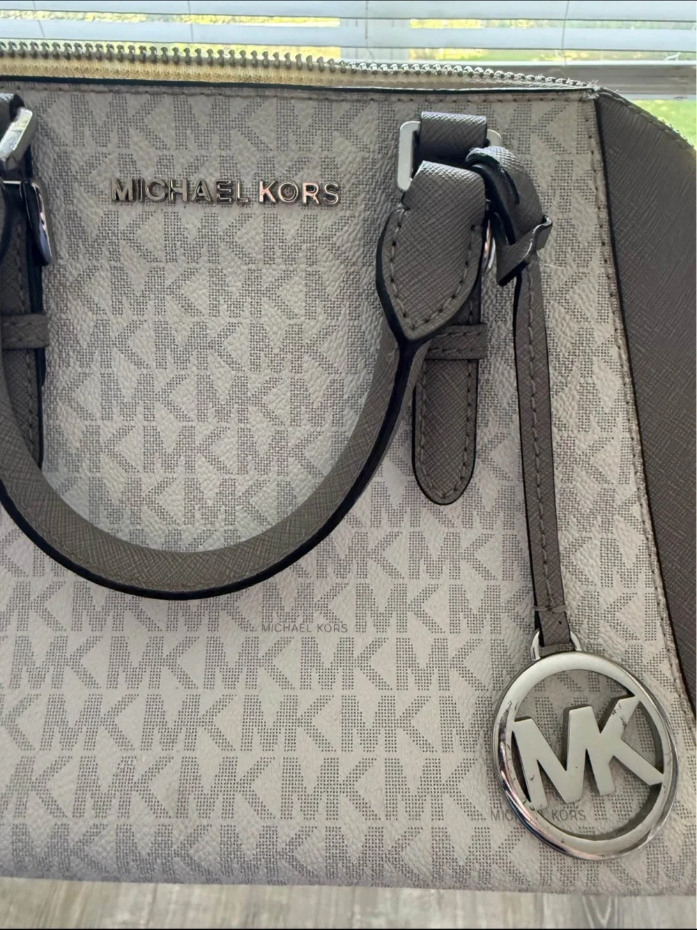 Michael Kors Gray Beige Signature Satchel with Matching Wallet